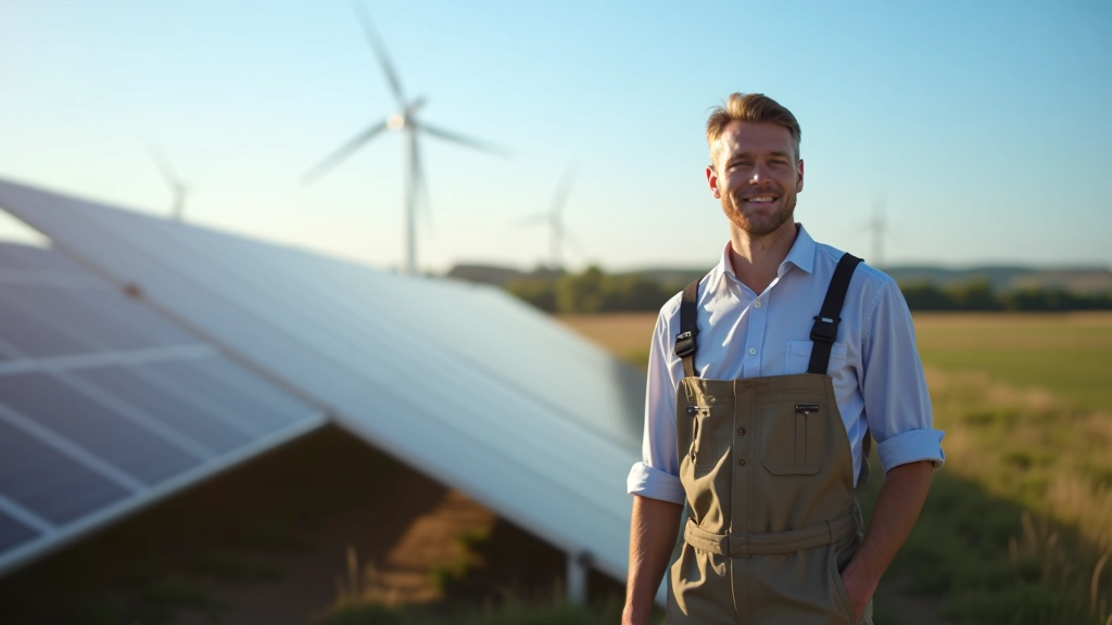 Installation de panneaux solaires dans un champ avec turbines éoliennes en arrière-plan sous un ciel dégagé